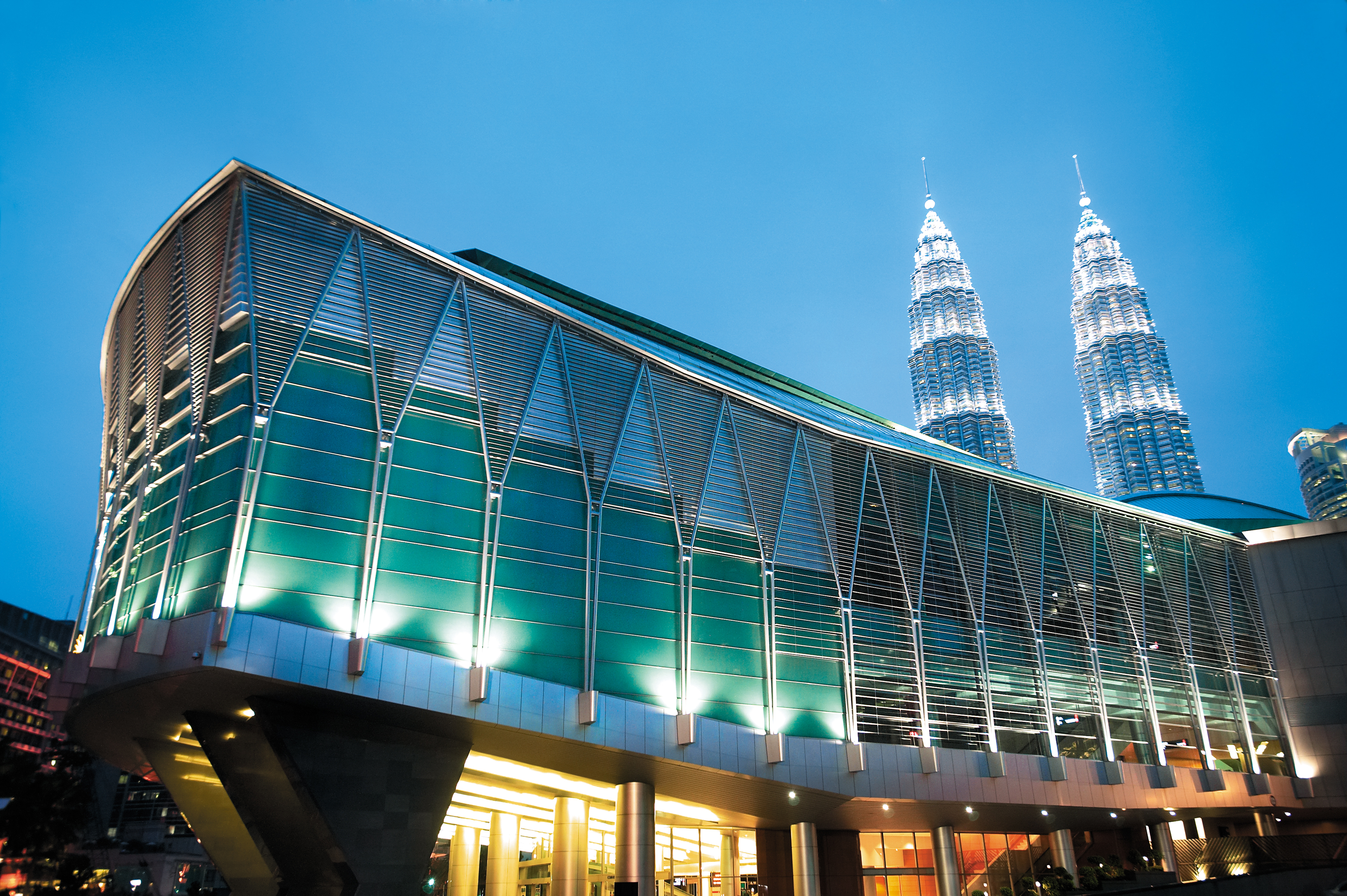 Kuala Lumpur Convention Center (KLCC) exterior side view at night